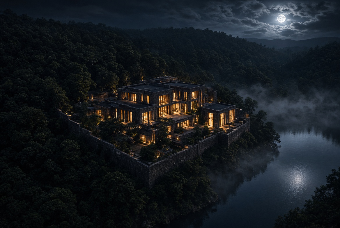 Munita House at night above the water